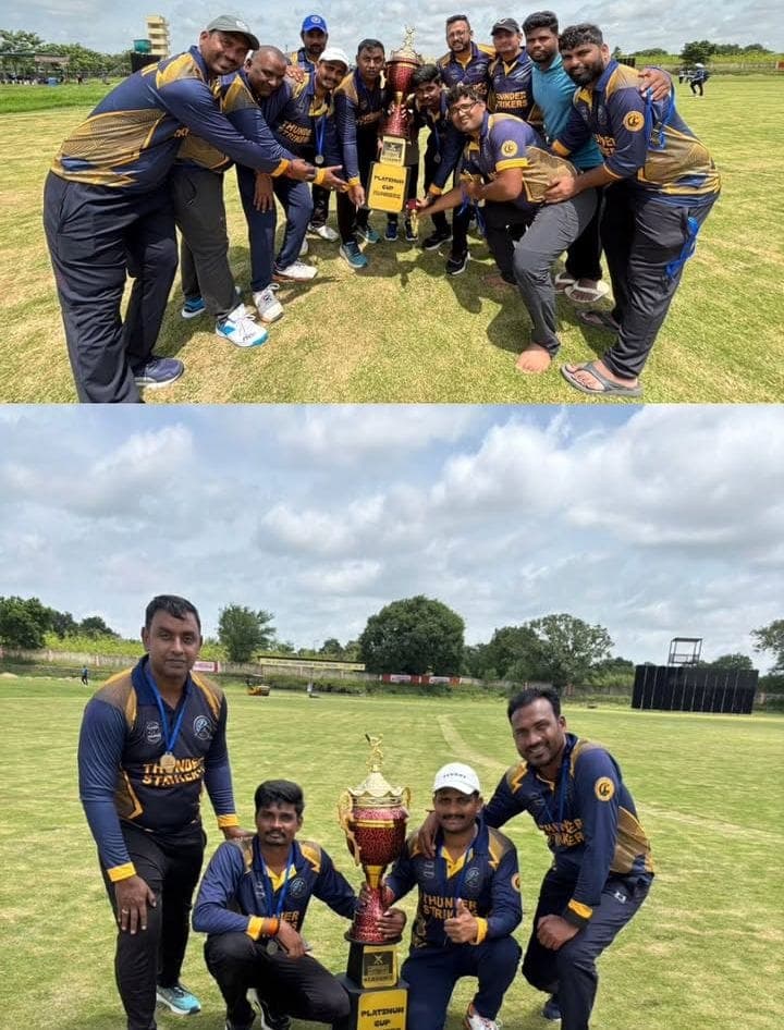 Thunder Strikers team celebrating Platinum Cup victory at Urban Turf cricket tournament